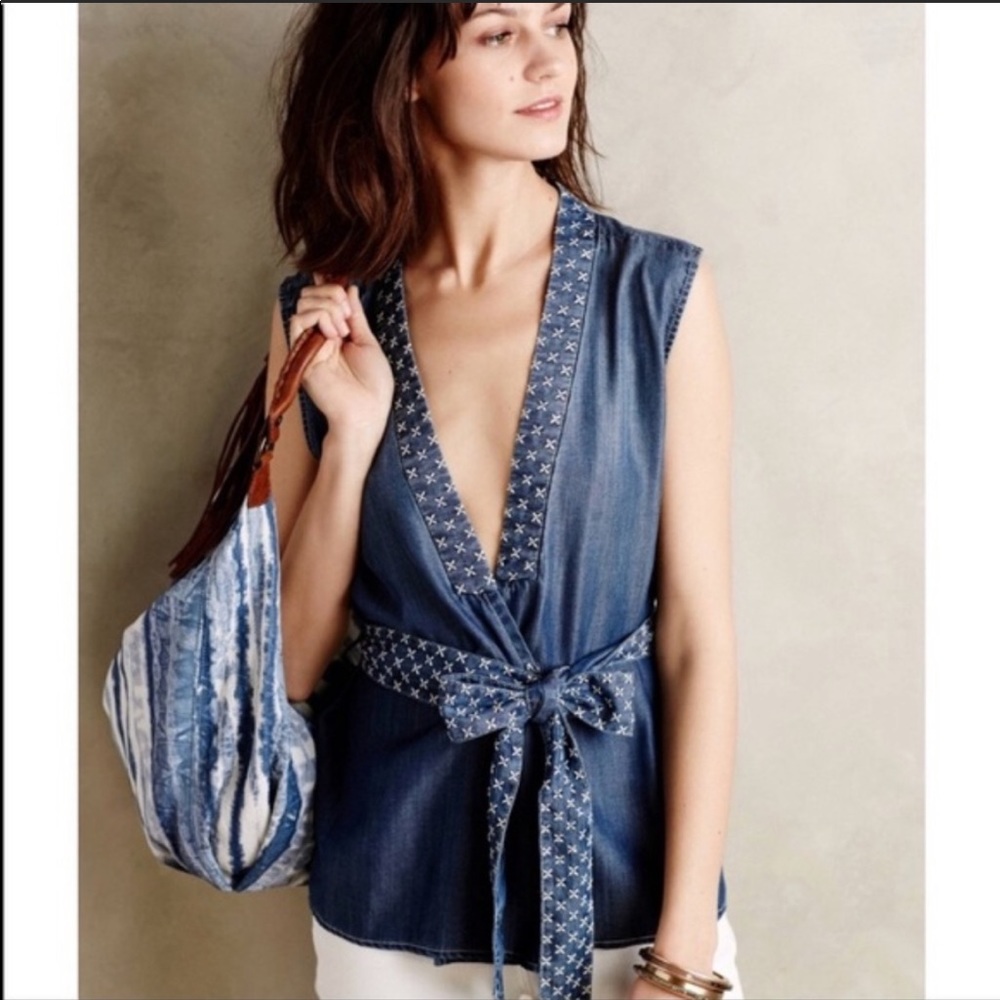 Anthropologie Holding Horses wrap chambray top L